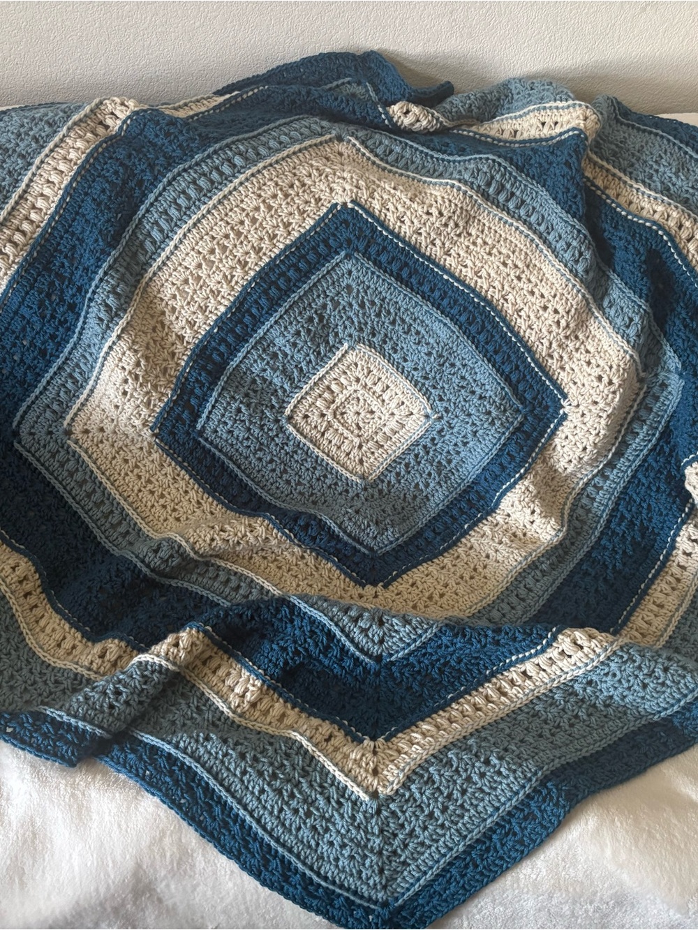 Handmade Crochet Square Blanket in Blues and Cream